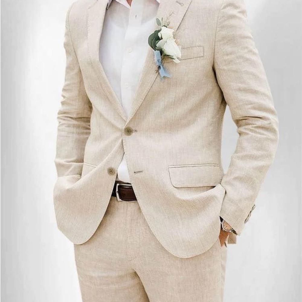 Tan Cotton Linen Suit, Jacket 42R/Pants 32R